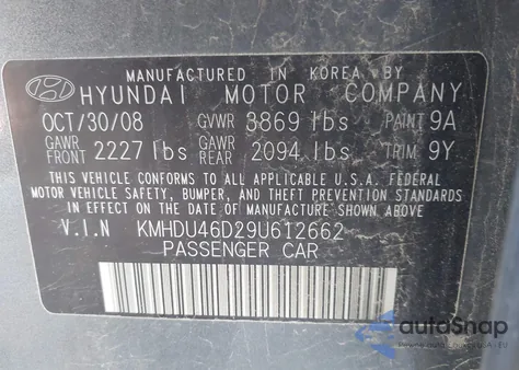 2009 Hyundai Elantra Gls from USA, damaged, VIN KMHDU46D29U612662
